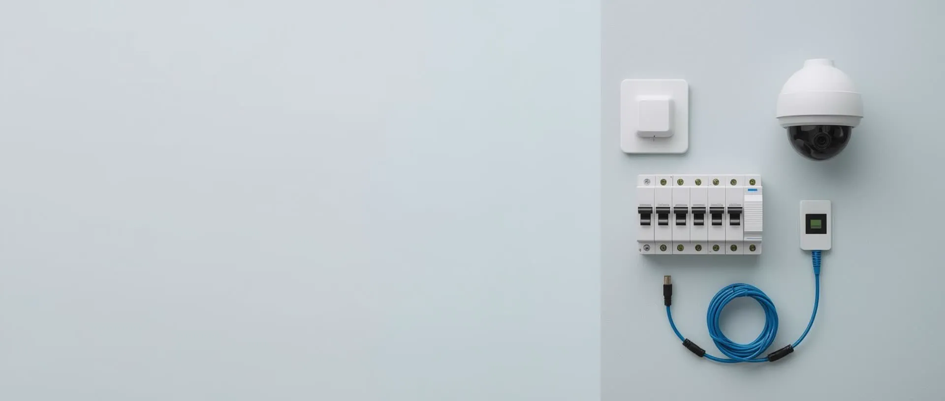 Matériel de sécurité et d'électricité : caméra dôme, clavier, disjoncteurs et câble réseau