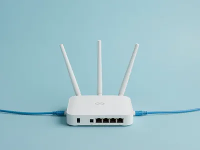 Routeur Wi-Fi blanc et câbles réseau bleus