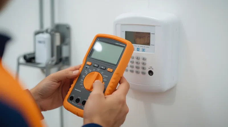 Mains d'un technicien testant une centrale d'alarme murale avec un multimètre orange