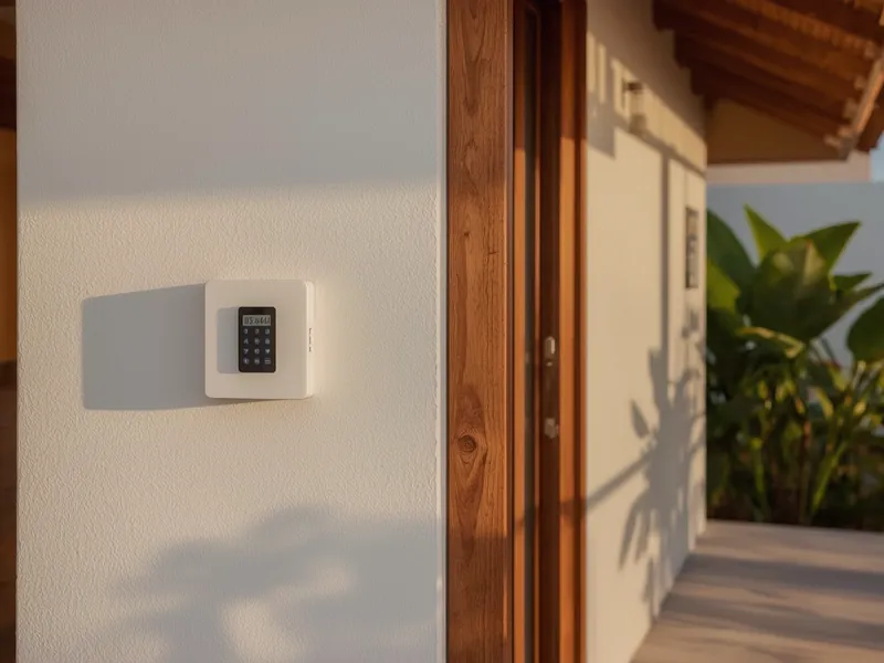 Clavier d'alarme et détecteur de mouvement à l'entrée d'une villa tropicale au crépuscule