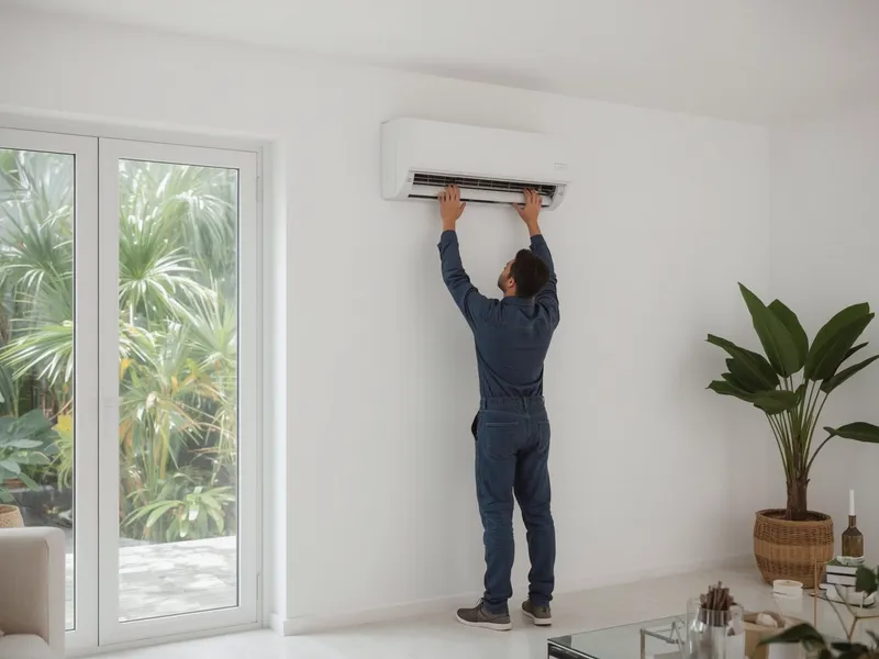 Technicien contrôlant un climatiseur mural dans un salon lumineux