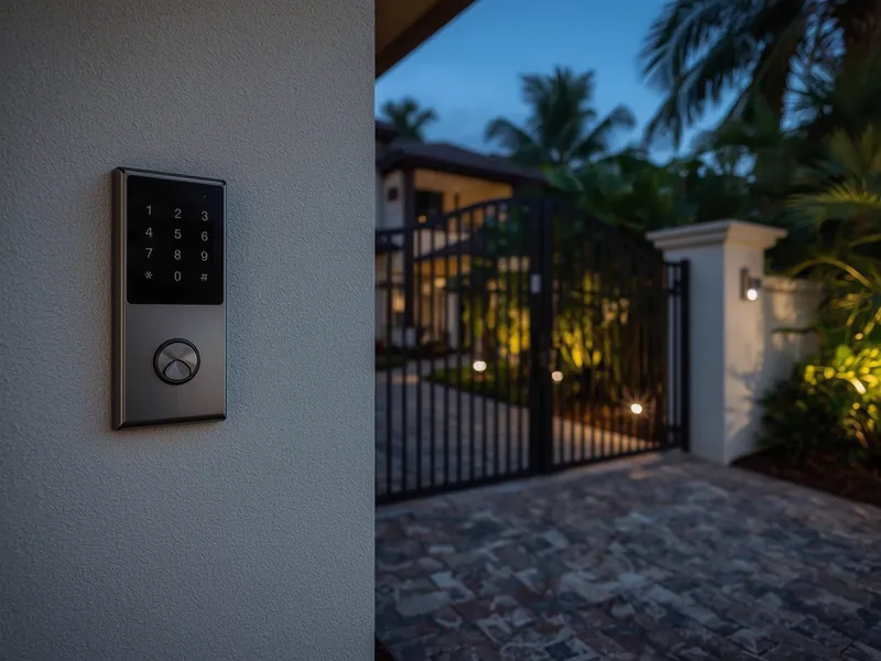 Visiophone à clavier à côté d'un portail, dans un jardin tropical