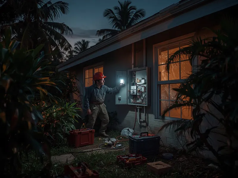 Technicien avec lampe frontale dépannant un coffret électrique extérieur à la tombée de la nuit