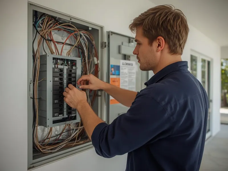 Électricien en tenue bleu marine intervenant dans un tableau électrique ouvert