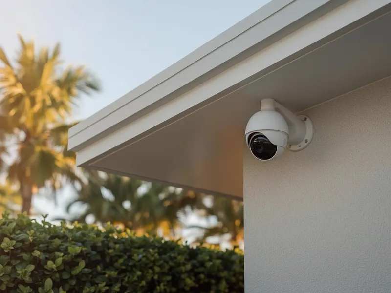 Caméra dôme fixée sous l'avant-toit d'une maison entourée de palmiers